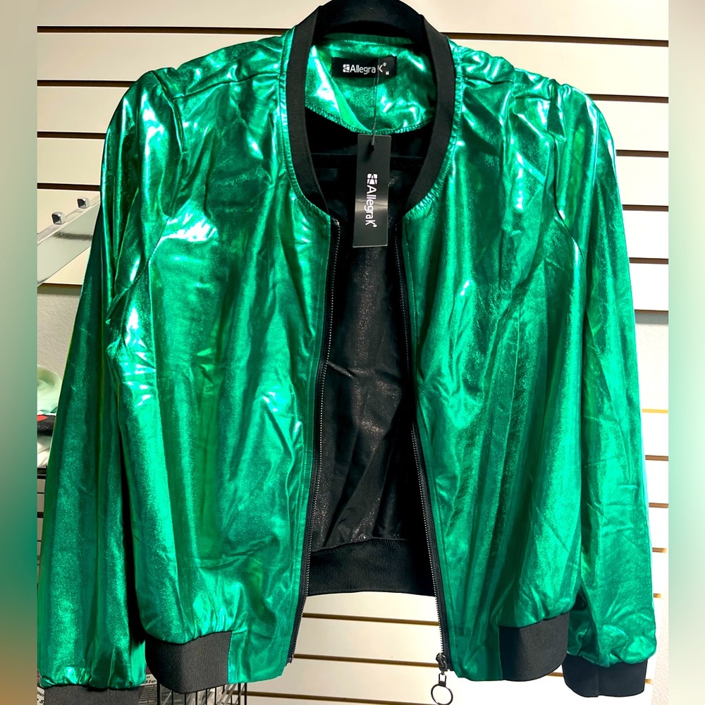 Shiny Metallic Green Bomber Jacket Size Medium